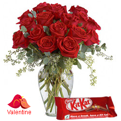 MidNight Delivery ::Exclusive  Dutch Red    Roses  in Vase with free Cadburys Chocolate