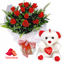 MidNight Delivery ::12 Exclusive  Dutch Red    Roses  Bunch with Cute Love Teddy Bear