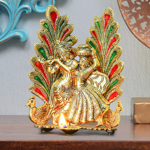 Decorative Peacock Design Radha Krishna Statue with Diya