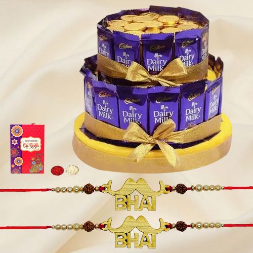 Lovely pair of Bhai Rakhi with Tower Arrangement of Chocolates