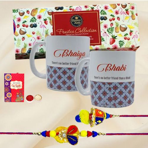 Classy Fruitea Hamper with Personalized Couple Mug N Bhaiya Bhabhi Rakhi