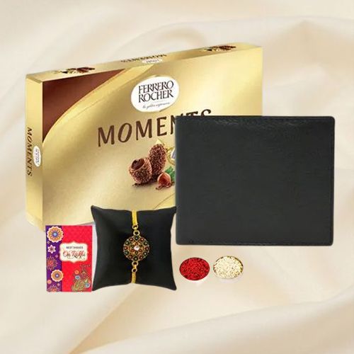 Trendy Gold Plated Rakhi with Black Leather Wallet n Ferrero Rocher