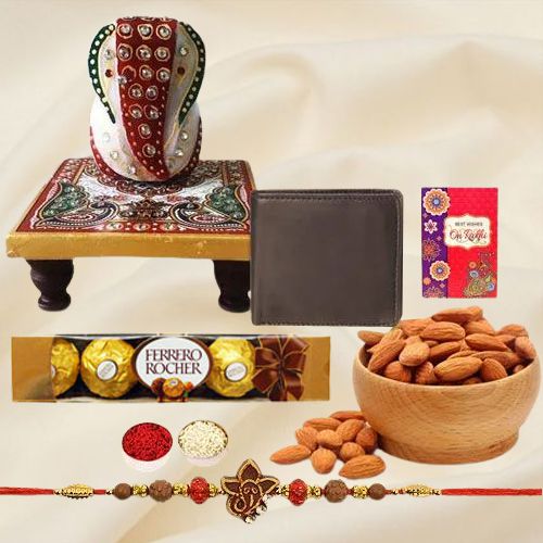 Fancy Ganesh Rakhi with Wallet Marble Chowki Almond N Ferrero Rocher