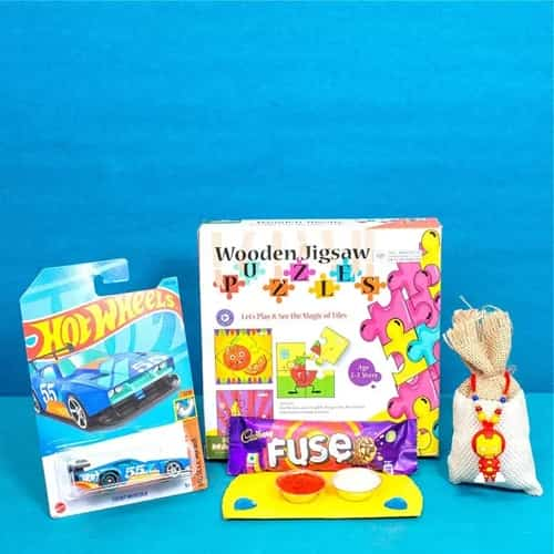 Amazing Jigsaw Puzzle n Hot Wheels Car Rakhi Hamper