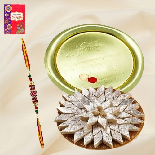 Exclusive Rakhi Special Gift of Gold Plated Puja Thali and Kaju Katli from Haldiram with Rakhi Roli Tilak and Chawal