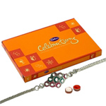 Wonderful Collection of Cadbury Celebration Chocolate Set and a Stylish Silver Plated Rakhi for your Precious Brother