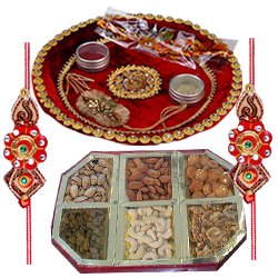 Amazing Rakhi Special Gift of Mixed Dry Fruits and Pooja Thali along with Rakhi for your Loving Brother