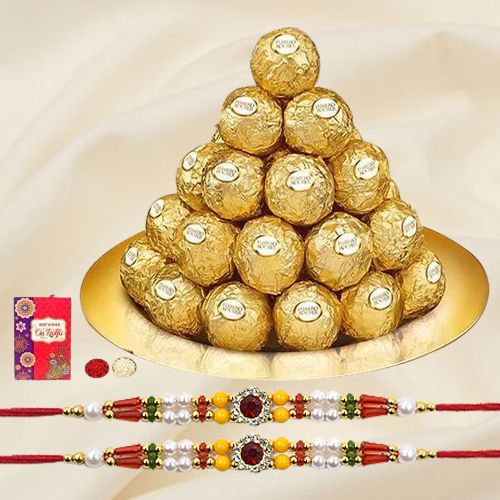 Ferrero Rocher on Gold Plated Pooja Thali N Twin Rakhi