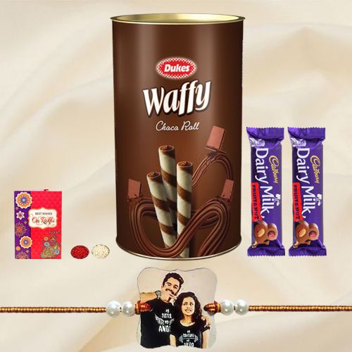 Personalized Rakhi with Rolled Wafers and Cadbury Chocolates