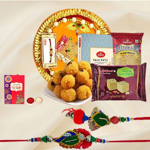 Haldriams Assortment with Bhaiya Bhabhi Rakhi Cadbury Chocolate n Pooja Thali