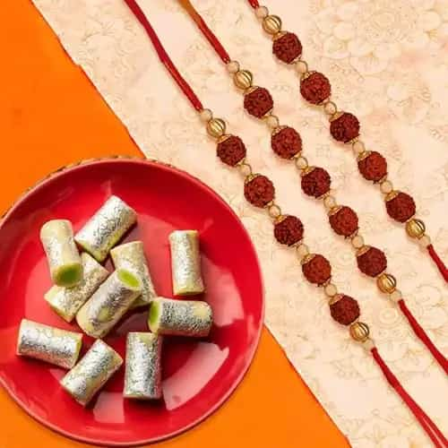 Auspicious Rudraksha Rakhi N Kaju Roll Duo