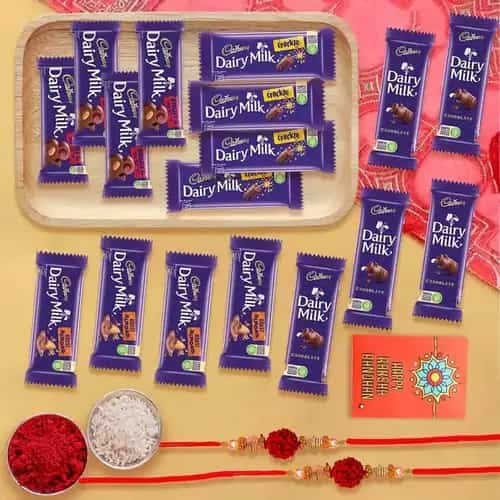 Rudraksha Rakhi Set with Assorted Cadbury Chocolates in Wooden Tray