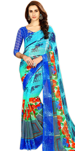 Exclusive Blue Color Printed Chiffon Designer Sari for Women