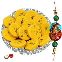 Gorgeous Arrangement of Haldiram Kesaria Pedas with One Free Rakhi Roli Tilak and Chawal for your Caring Brother