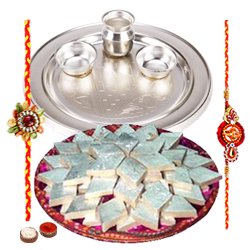 Appealing Haldirams Badam Katli and Silver Plated Thali with 2 Free Rakhi Roli Tilak and Chawal for your Precious Brother on the Occasion of Rakhi