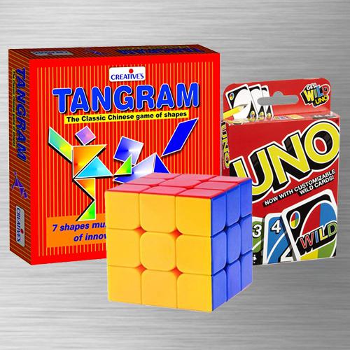 Marvelous Uno Card Game with Tangram Puzzle N Rubiks Cube